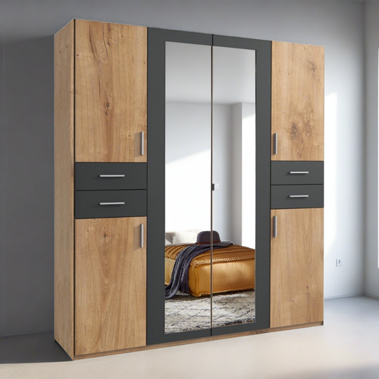 FENTON 6 Door 4 Drawers Mirrored Wardrobe in Oak and Graphite