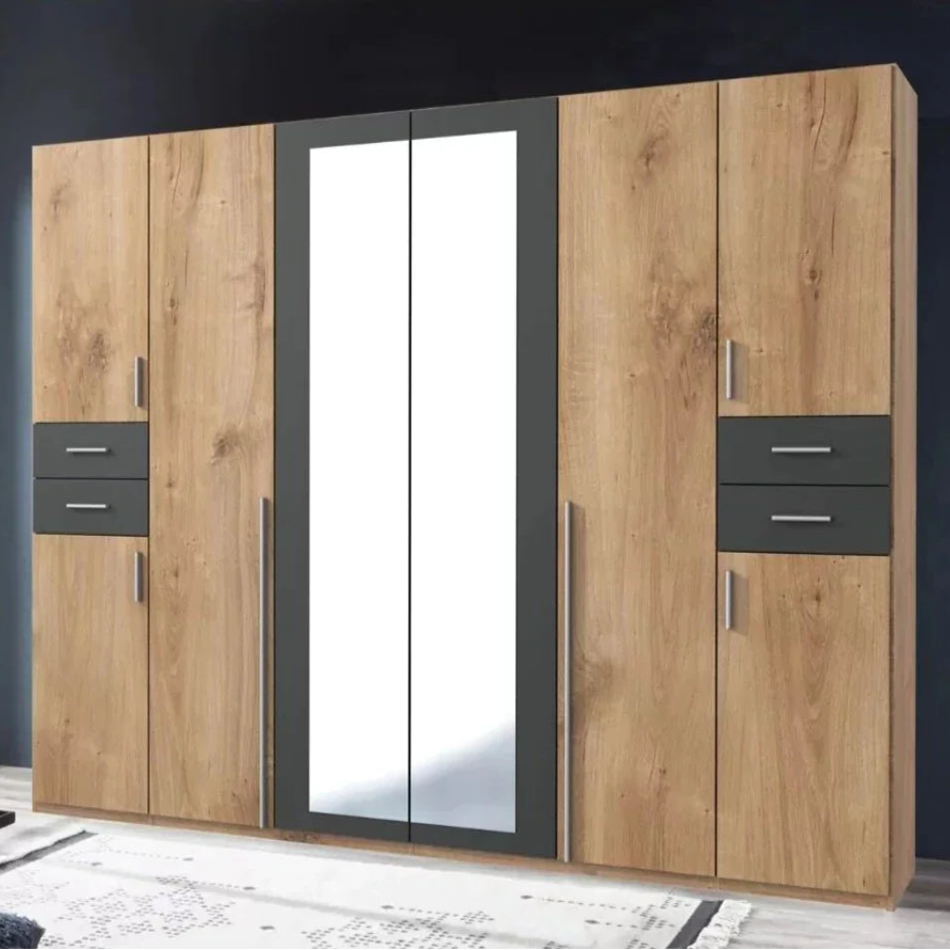 FENTON 6 Door Mirrored Wardrobe Oak and Graphite 270cm
