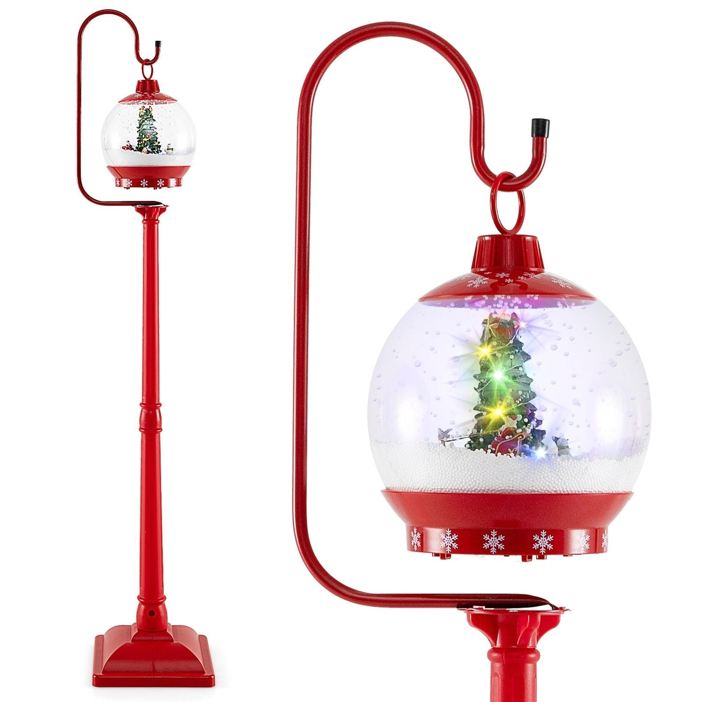 68 Inch Christmas Lamp Post with Sound-Activated Snow Globe Lantern-Red