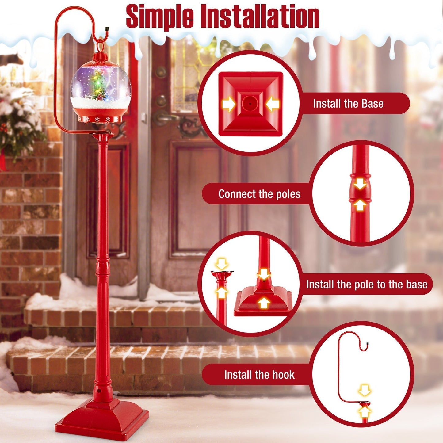 68 Inch Christmas Lamp Post with Sound-Activated Snow Globe Lantern-Red