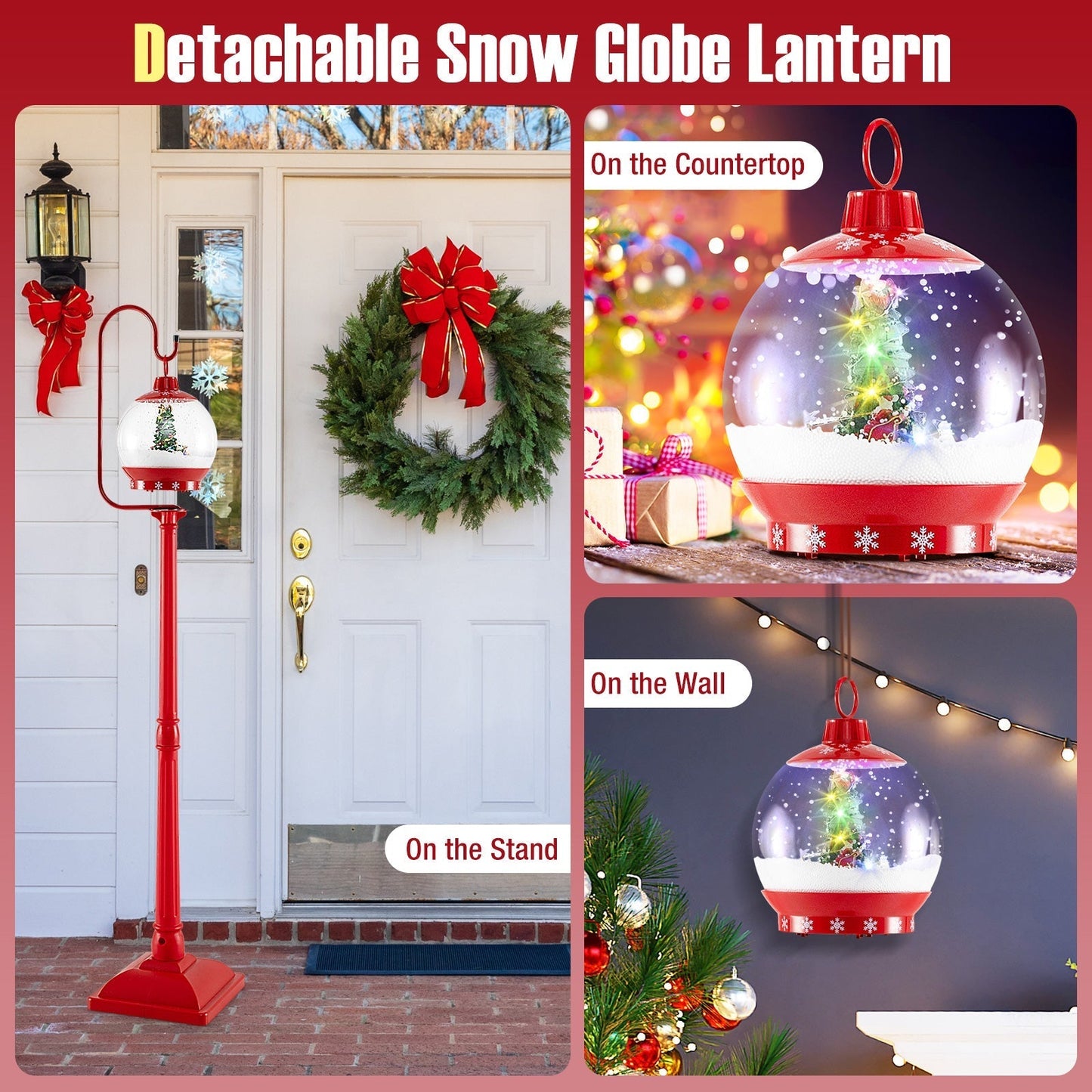 68 Inch Christmas Lamp Post with Sound-Activated Snow Globe Lantern-Red