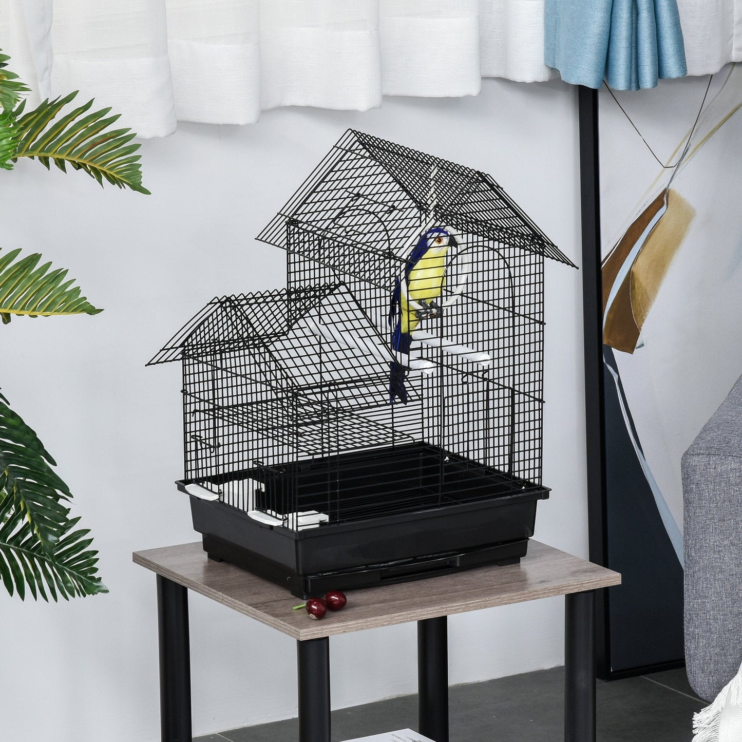 PawHut Metal Bird Cage w/ Plastic Perch Food Container Swing Ring Handle Small Black