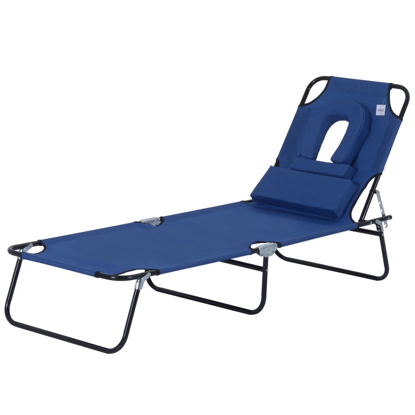 Outsunny Sun Lounger Foldable Reclining Chair with Pillow and Reading Hole Garden Beach Outdoor Recliner Adjustable Blue