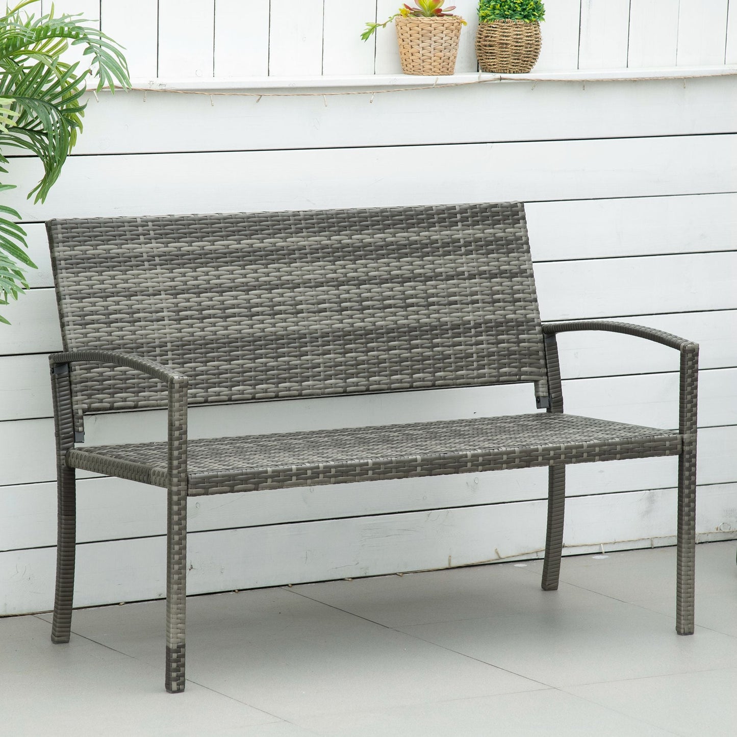 Outsunny Patio Rattan 2 Seater Garden Bench Wicker Weave Love Seater Armchair Furniture Outdoor Garden Conservatory Chair Grey