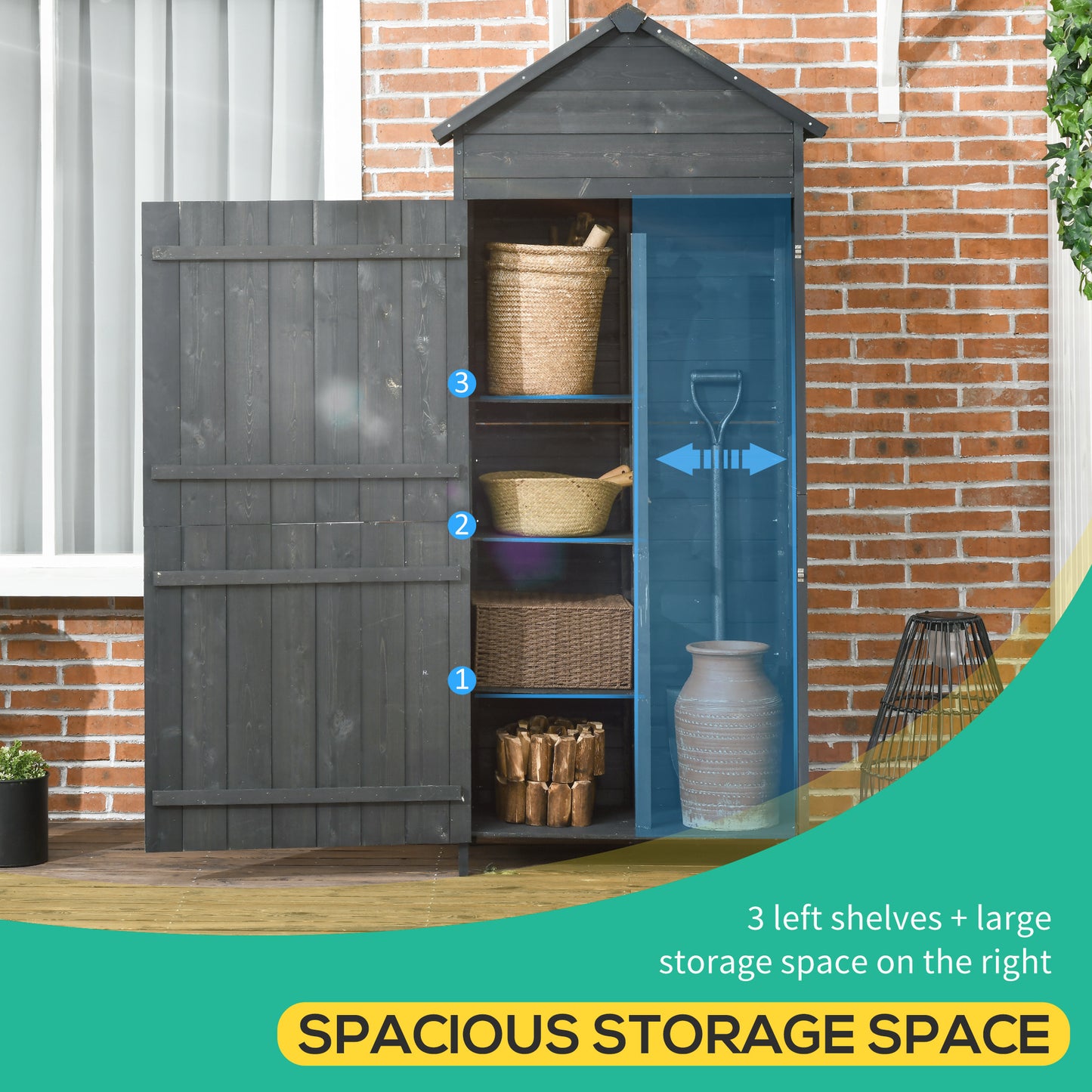Outsunny Garden Shed 4-poziomowy drewniany domek ogrodowy na zewnątrz 3 półki szafka ogrodowa zamykana na klucz 2 drzwi - szary