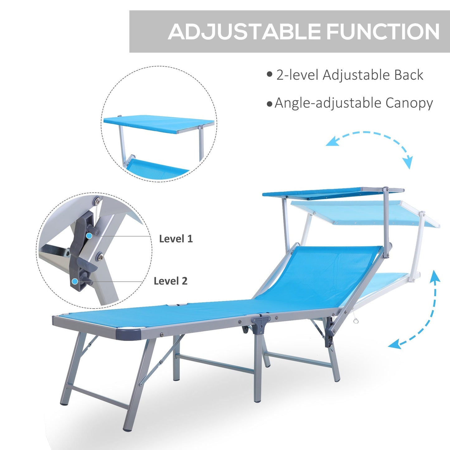 كرسي استلقاء للاستلقاء من Outsunny Garden Sun Lounger Texteline Chaise Lounge مع مظلة وسرير مسند ظهر قابل للتعديل بإطار من الألومنيوم - أزرق