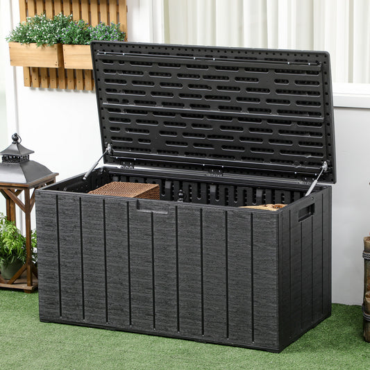 Outsunny 336 litrów Extra Large Outdoor Garden Storage Box, wodoodporny, wytrzymały, plastikowy pojemnik z podwójnymi ściankami, organizer na meble ogrodowe, skrzynia na poduszki na taras z kółkami i uchwytami, czarny