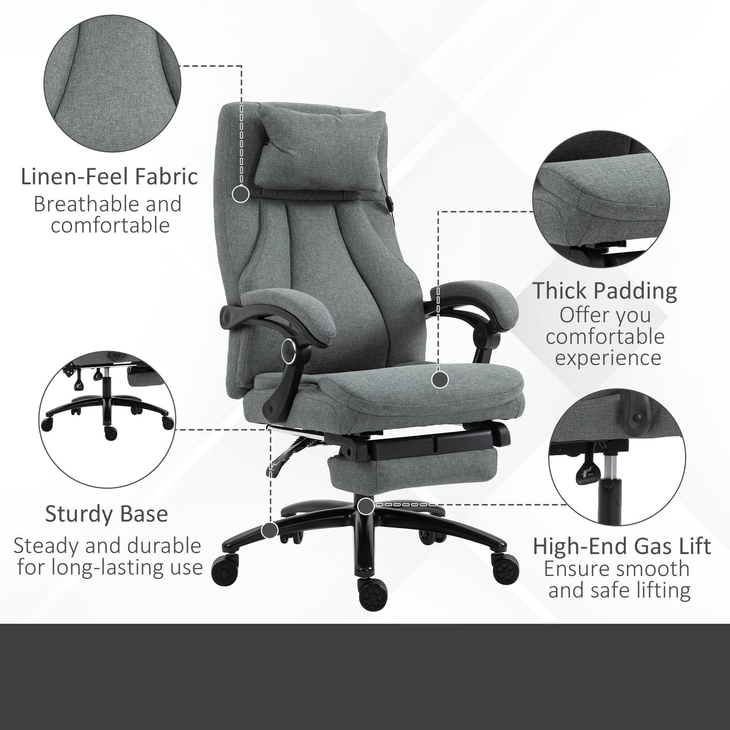 Vinsetto Office Chair 2-Point Removable Vibration Massage Pillow Executive Ergonomic USB Power Adjustable Height 360° Swivel Grey