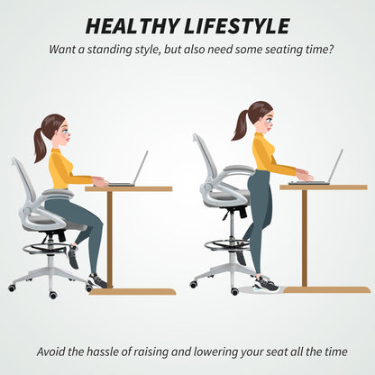 Vinsetto Drafting Chair with Flip-up Armrest, Mesh Office Stool with Foot Ring, 360 Degree Swivel Height Adjustable Chair for Standing Desk, Light Grey