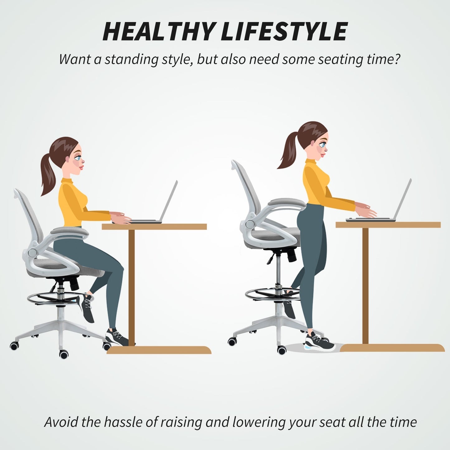 Vinsetto Drafting Chair with Flip-up Armrest, Mesh Office Stool with Foot Ring, 360 Degree Swivel Height Adjustable Chair for Standing Desk, Light Grey