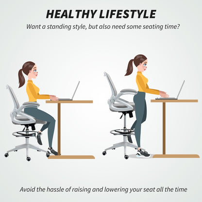 Vinsetto Drafting Chair with Flip-up Armrest, Mesh Office Stool with Foot Ring, 360 Degree Swivel Height Adjustable Chair for Standing Desk, Light Grey