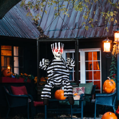 Outsunny Halloween Animated Hinging Skeleton Prisoner in Cage with Glowing LED Eyes, Spooky Skeleton Scary Halloween Decorations, Battery Operated, Indoor Party Props