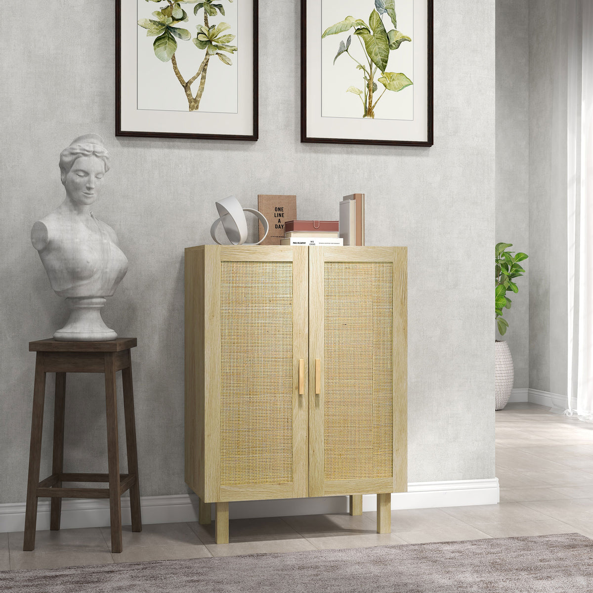 HOMCOM Sideboard Storage Cabinet, Boho Kitchen Cabinet with 2 Rattan Doors and Adjustable Shelves for Kitchen, Natural