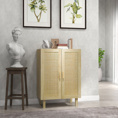 HOMCOM Sideboard Storage Cabinet, Boho Kitchen Cabinet with 2 Rattan Doors and Adjustable Shelves for Kitchen, Natural