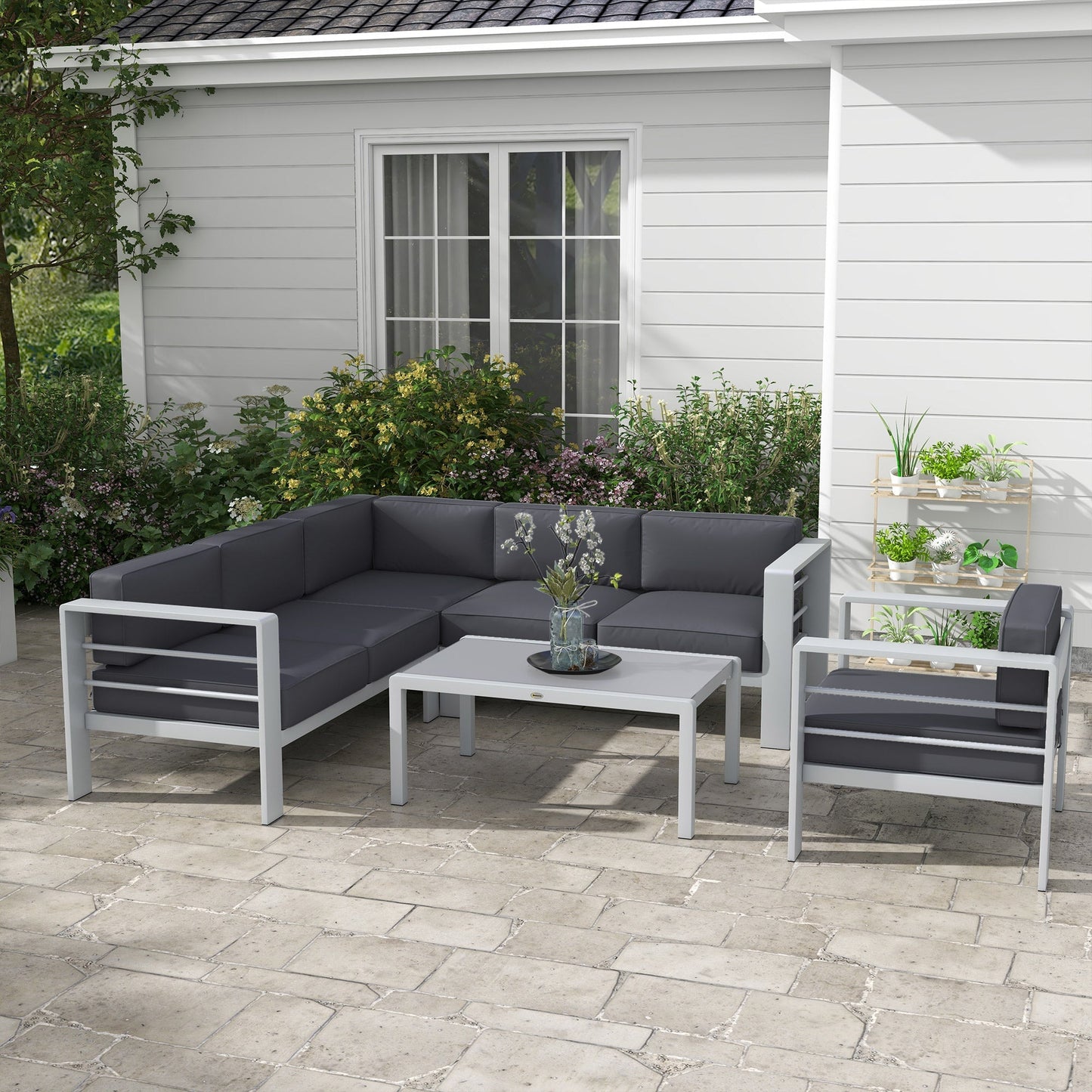 Outsunny Five-Piece Aluminium Garden Sofa Set, with Glass-Top Table - Grey