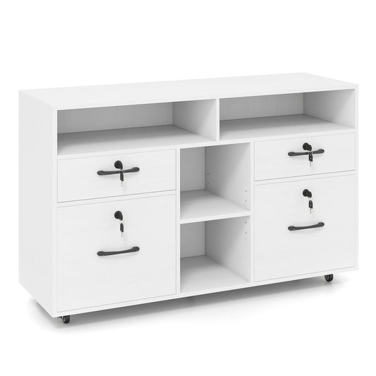 File Cabinet with Lock Mobile Lateral Filing Storage Organizer in White