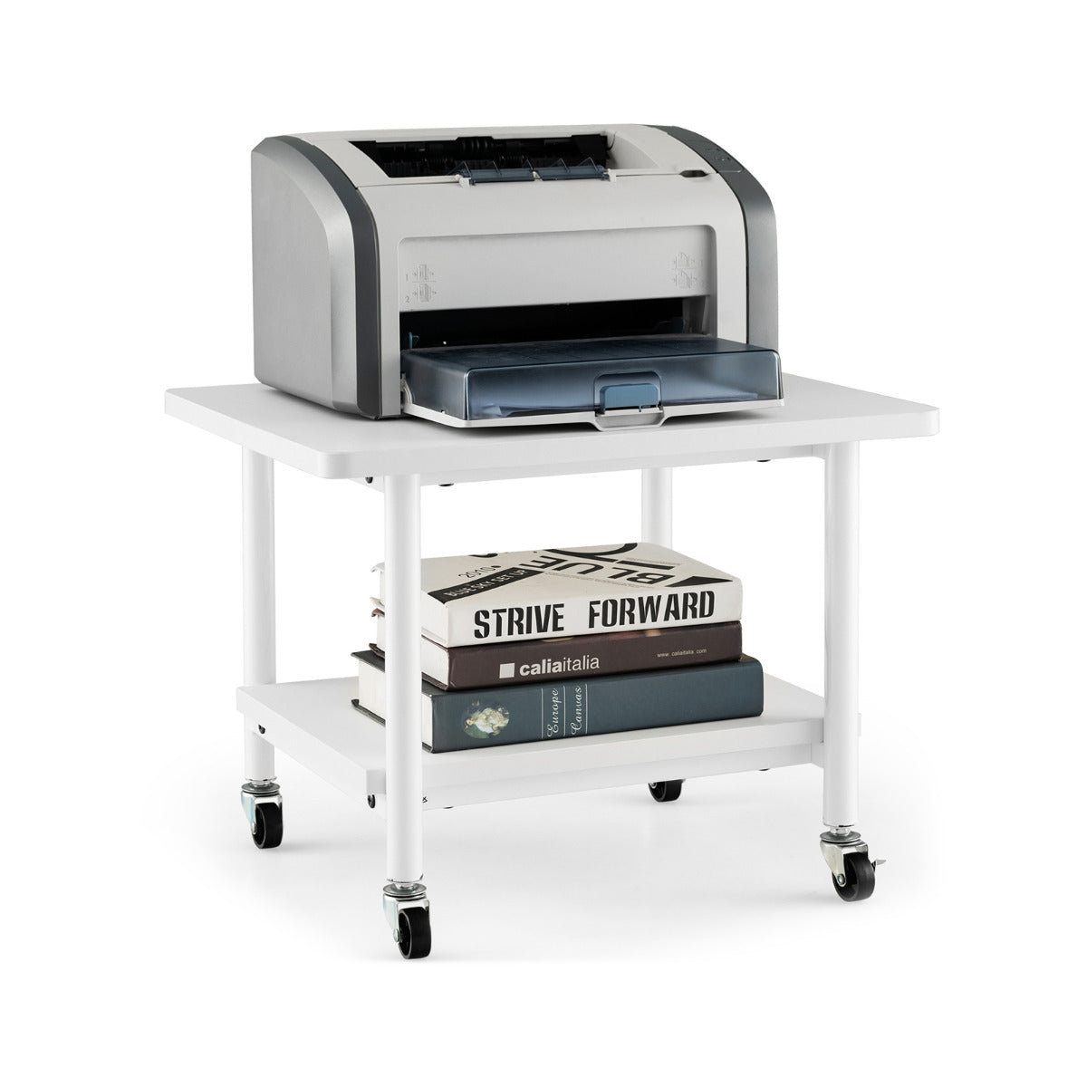2 Tier Wooden Printer Stand with 360¬∞ Swivel Casters-Off White