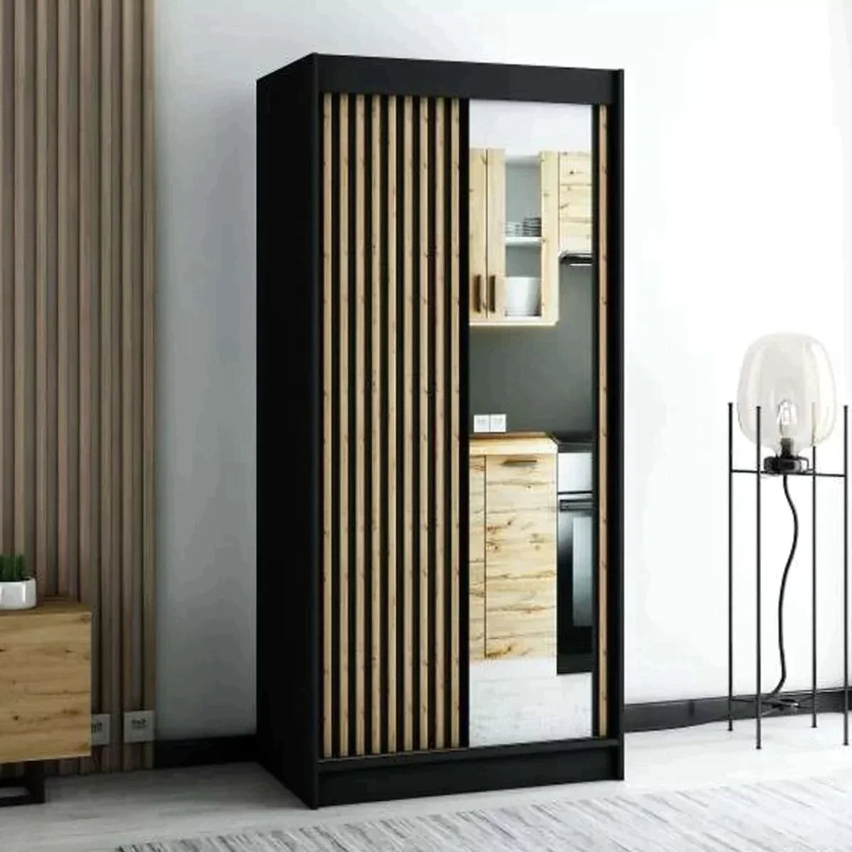 Gloucester II 100cm Sliding Door Wardrobe with Mirror - Artisan Oak, Black, White