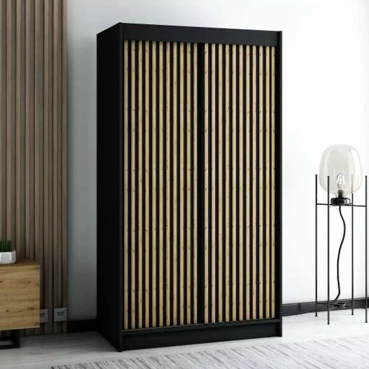 Gloucester I 120cm Sliding Door Wardrobe Strips Design - Black, White, Artisan Oak