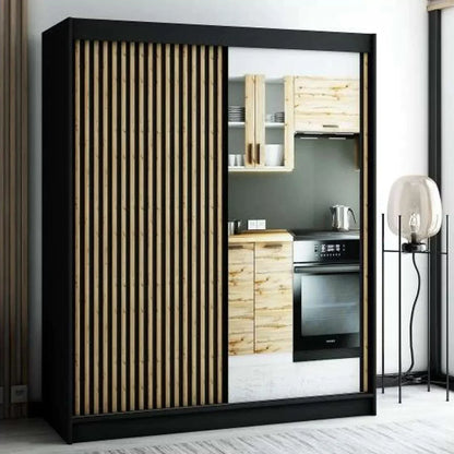 Gloucester II 180cm Sliding Door Wardrobe with Mirror - Artisan Oak, White, Black