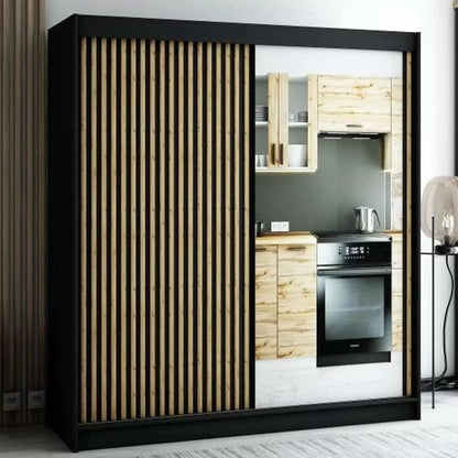 Gloucester II 200cm Sliding Door Wardrobe with Mirror - Artisan Oak, Black, White