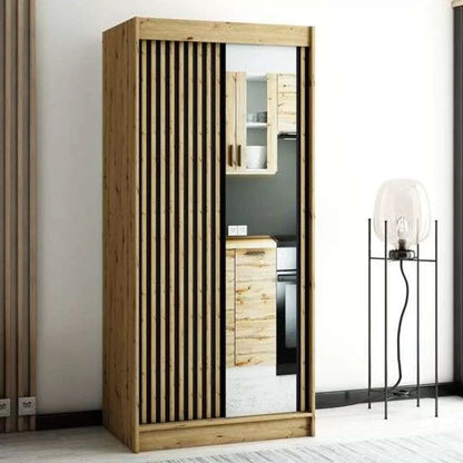 Gloucester I 100cm Sliding Door Wardrobe Stripe Design - Artisan Oak, Black, White