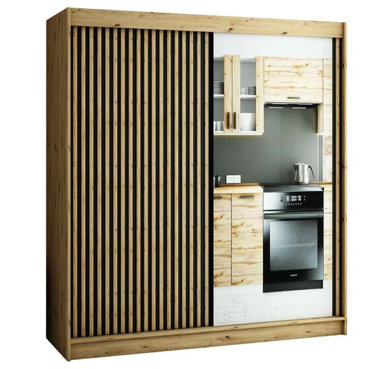 Gloucester II 200cm Sliding Door Wardrobe with Mirror - Artisan Oak, Black, White