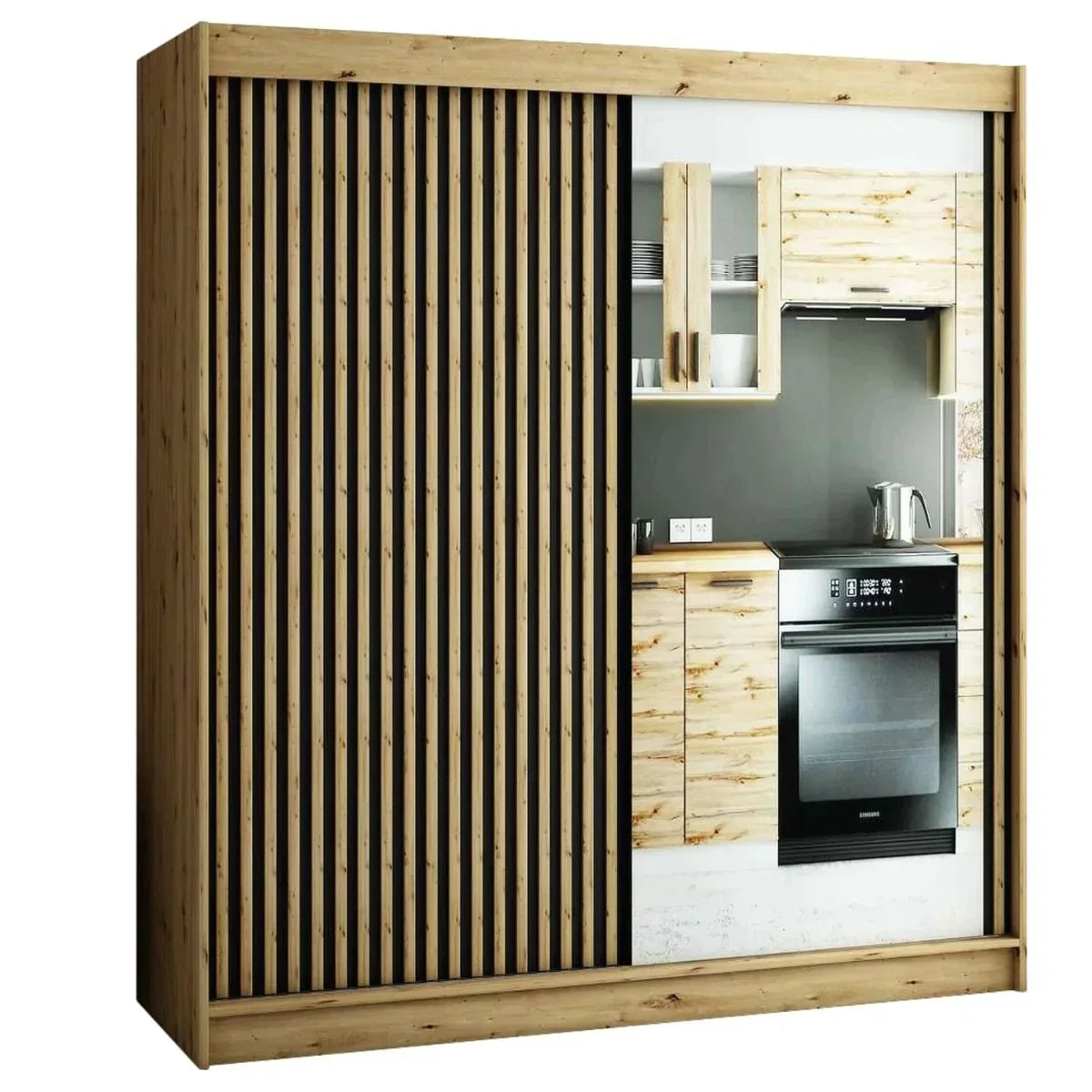 Gloucester II 200cm Sliding Door Wardrobe with Mirror - Black, White, Artisan Oak