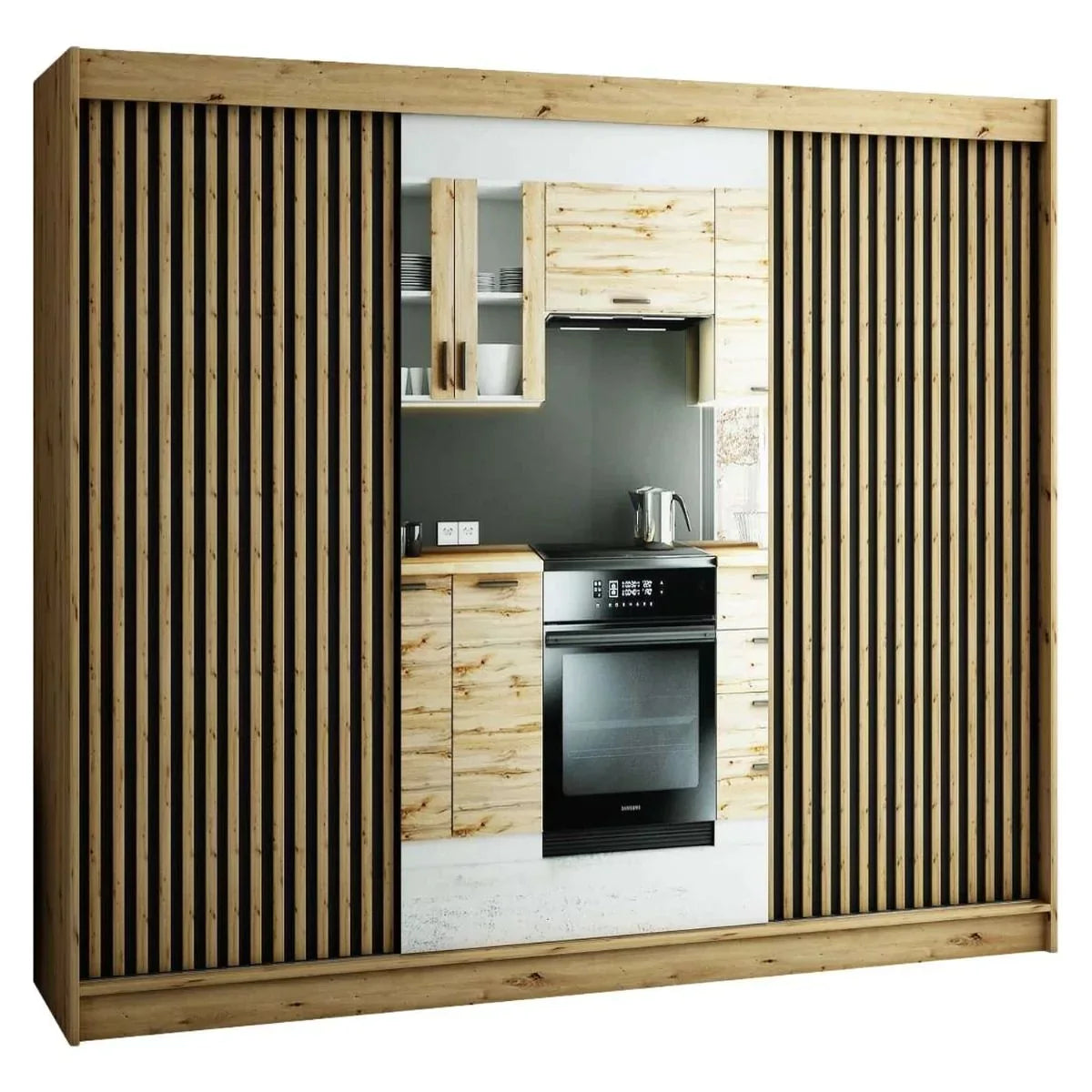 Gloucester II 250cm Sliding Door Wardrobe with Mirror - Black, Artisan Oak, White