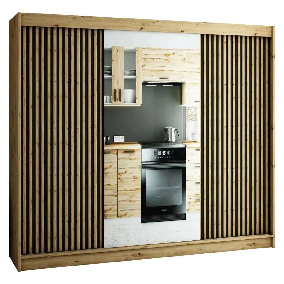 Gloucester II 250cm Sliding Door Wardrobe with Mirror - Artisan Oak, Black, White