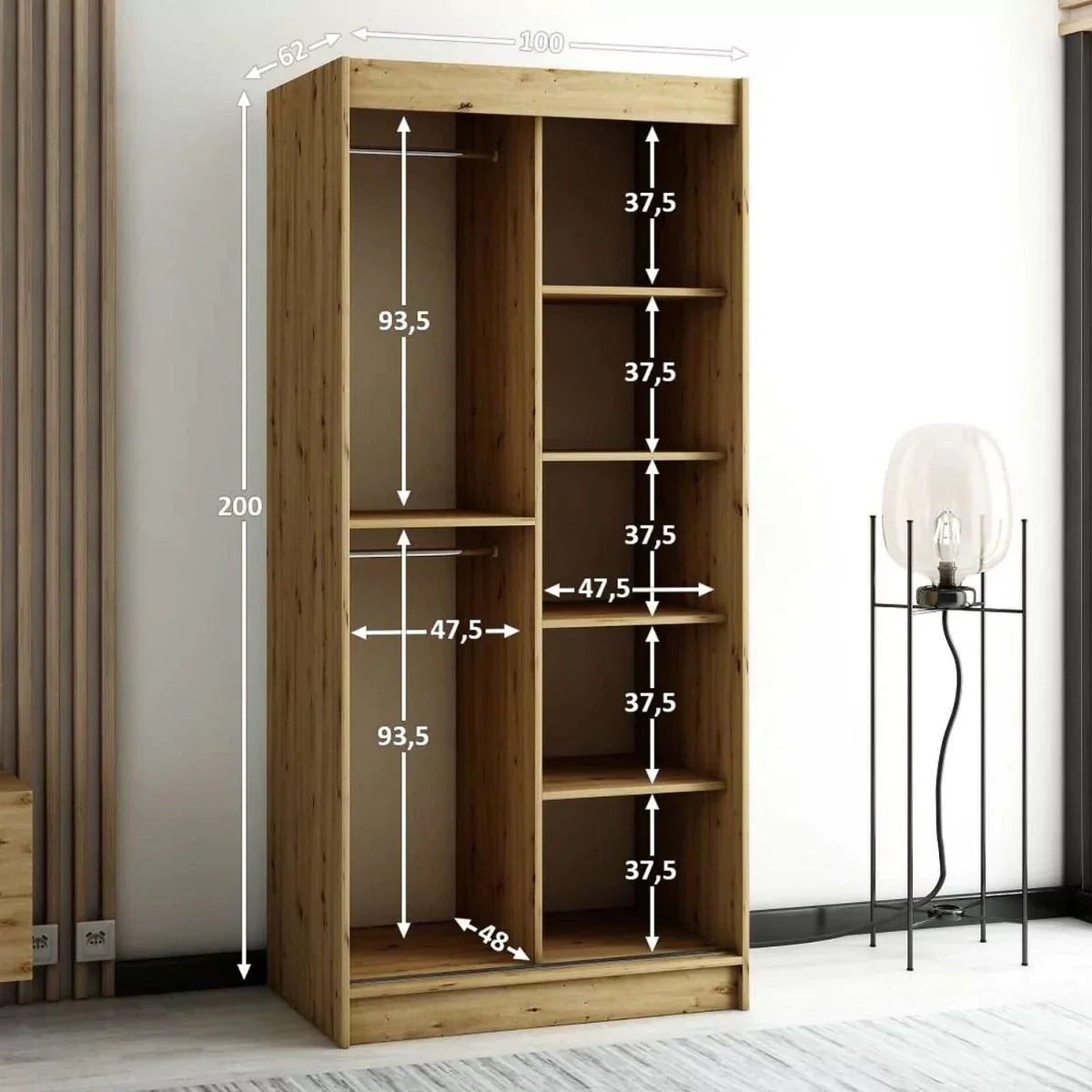 Gloucester I 100cm Sliding Door Wardrobe - Black, Artisan Oak, White