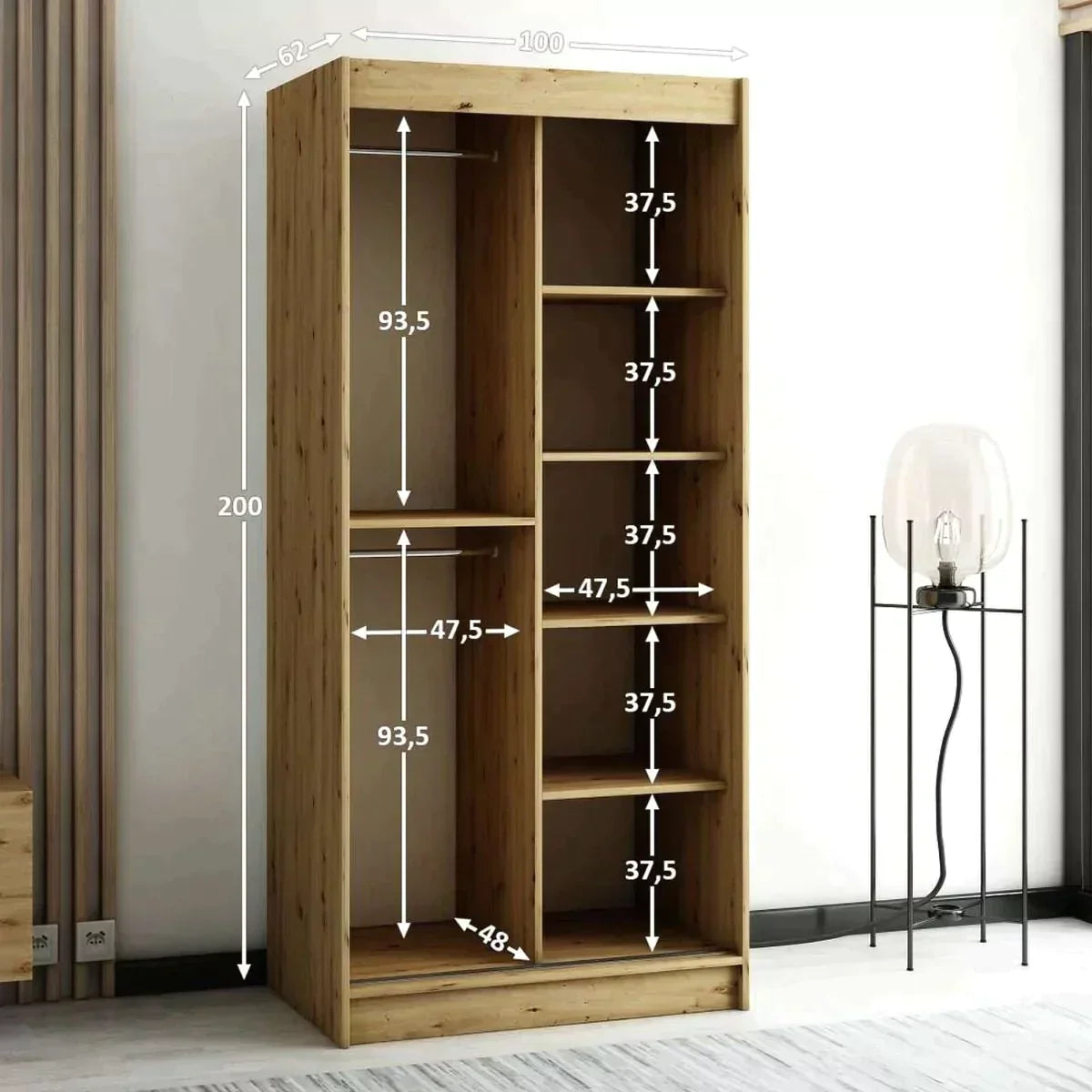 Gloucester 100cm Sliding Door Wardrobe Strips Design - Artisan Oak, Black, White