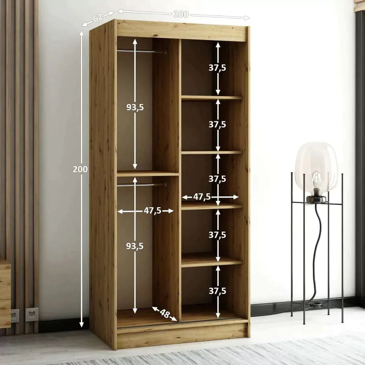 Gloucester I 100cm Sliding Door Wardrobe Stripe Design - Artisan Oak, Black, White