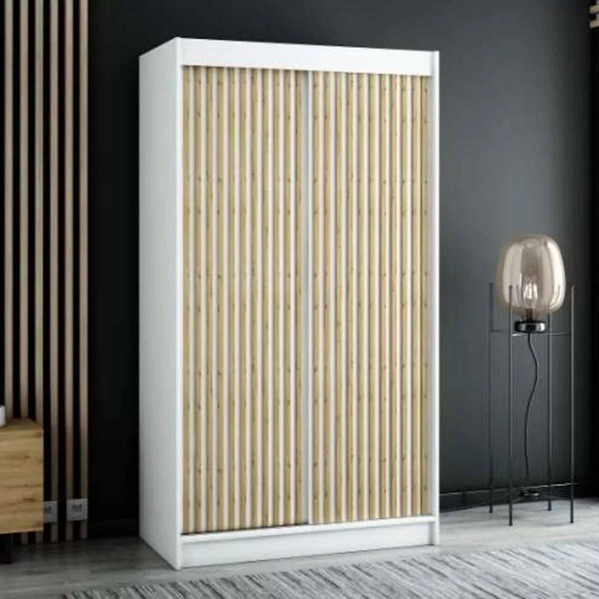 Gloucester I 120cm Sliding Door Wardrobe Strips Design - Artisan Oak, Black, White