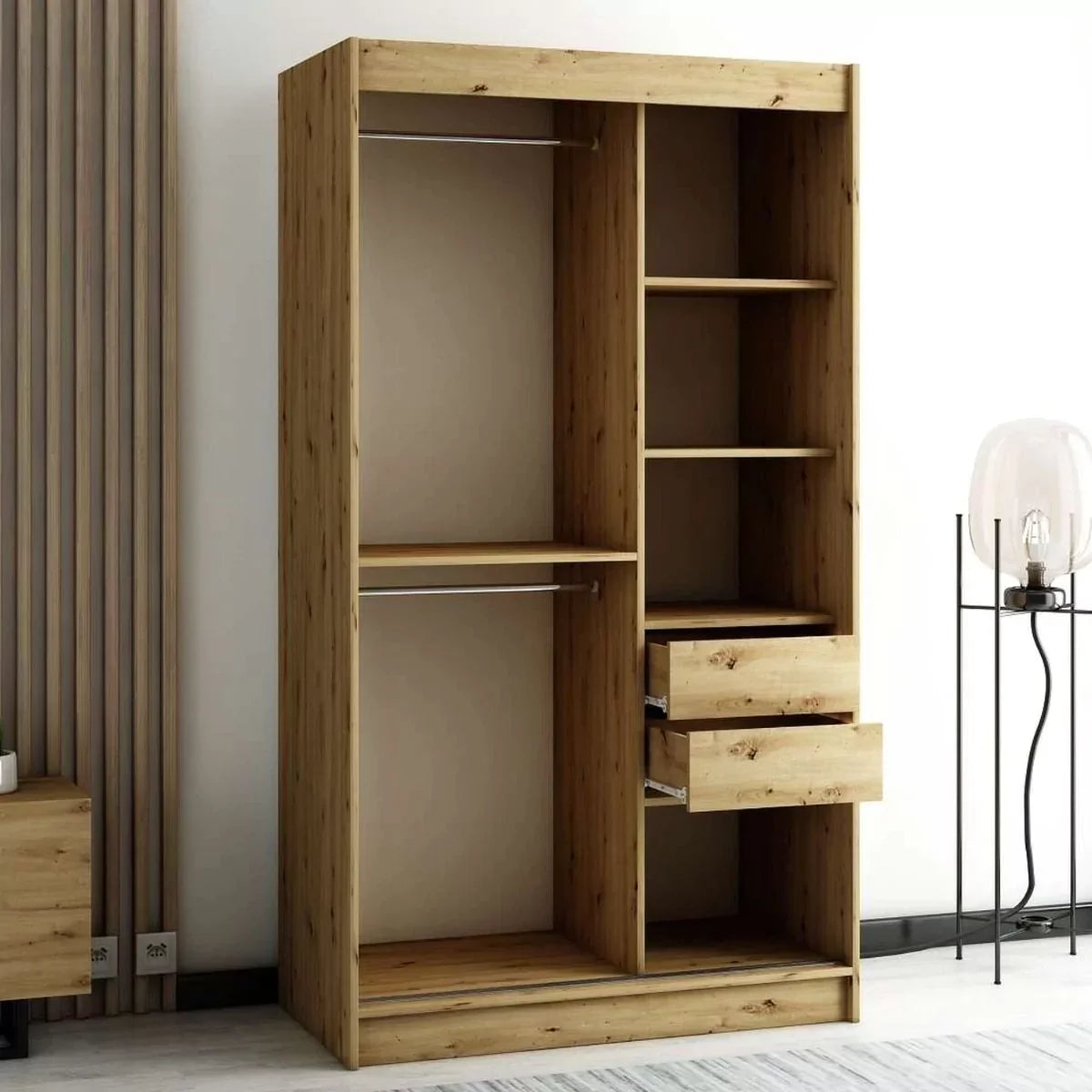 Gloucester I 120cm Sliding Door Wardrobe Strips Design - Artisan Oak, Black, White