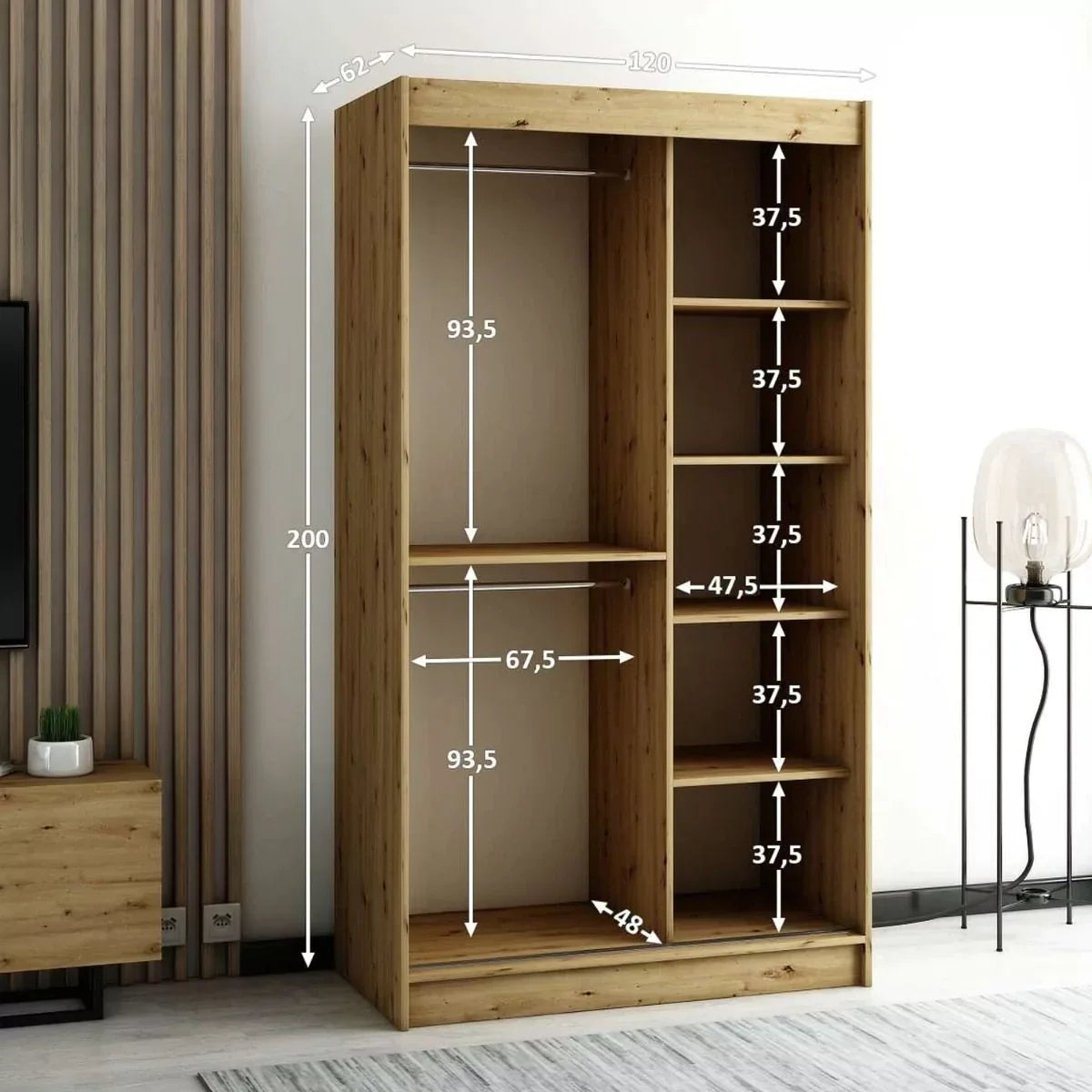 Gloucester I 120cm Sliding Door Wardrobe Strips Design - Artisan Oak, Black, White