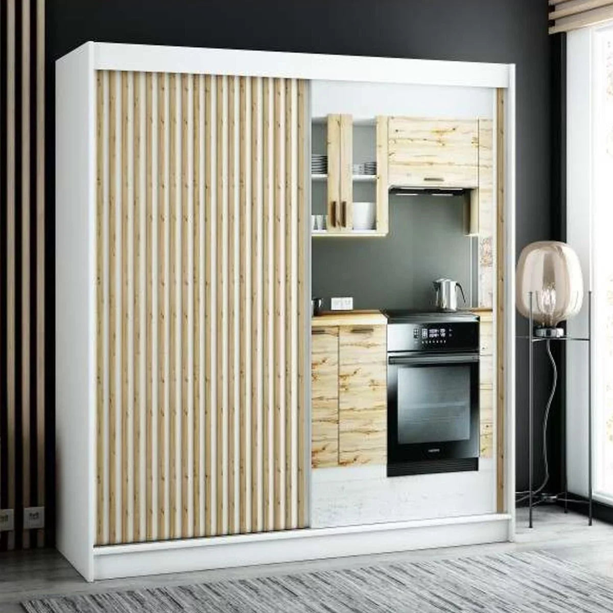 Gloucester II 200cm Sliding Door Wardrobe with Mirror - Artisan Oak, Black, White