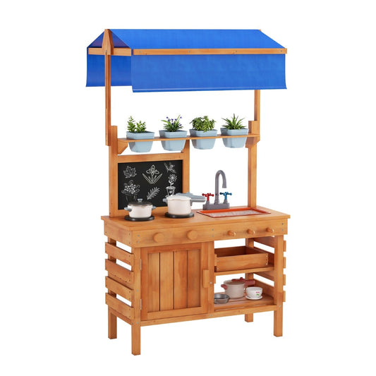 Fir Wood Play Kitchen with Adjustable Canopy and Sink-Natural