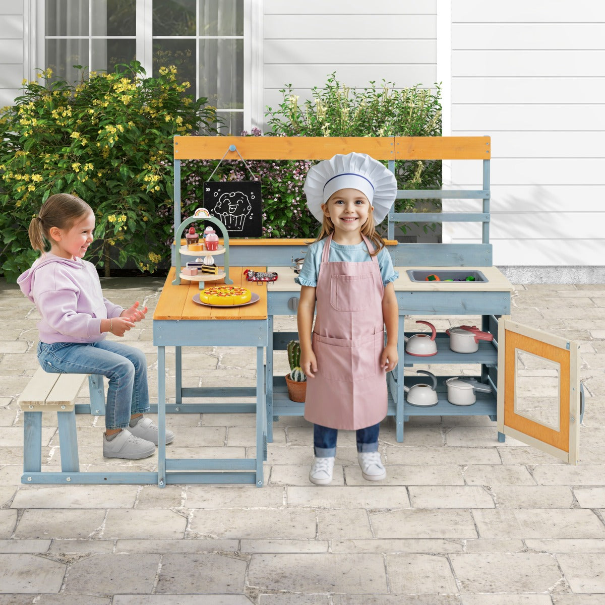 Fir Wood Mud Kitchen with Kids Picnic Table Play Kitchen-Grey
