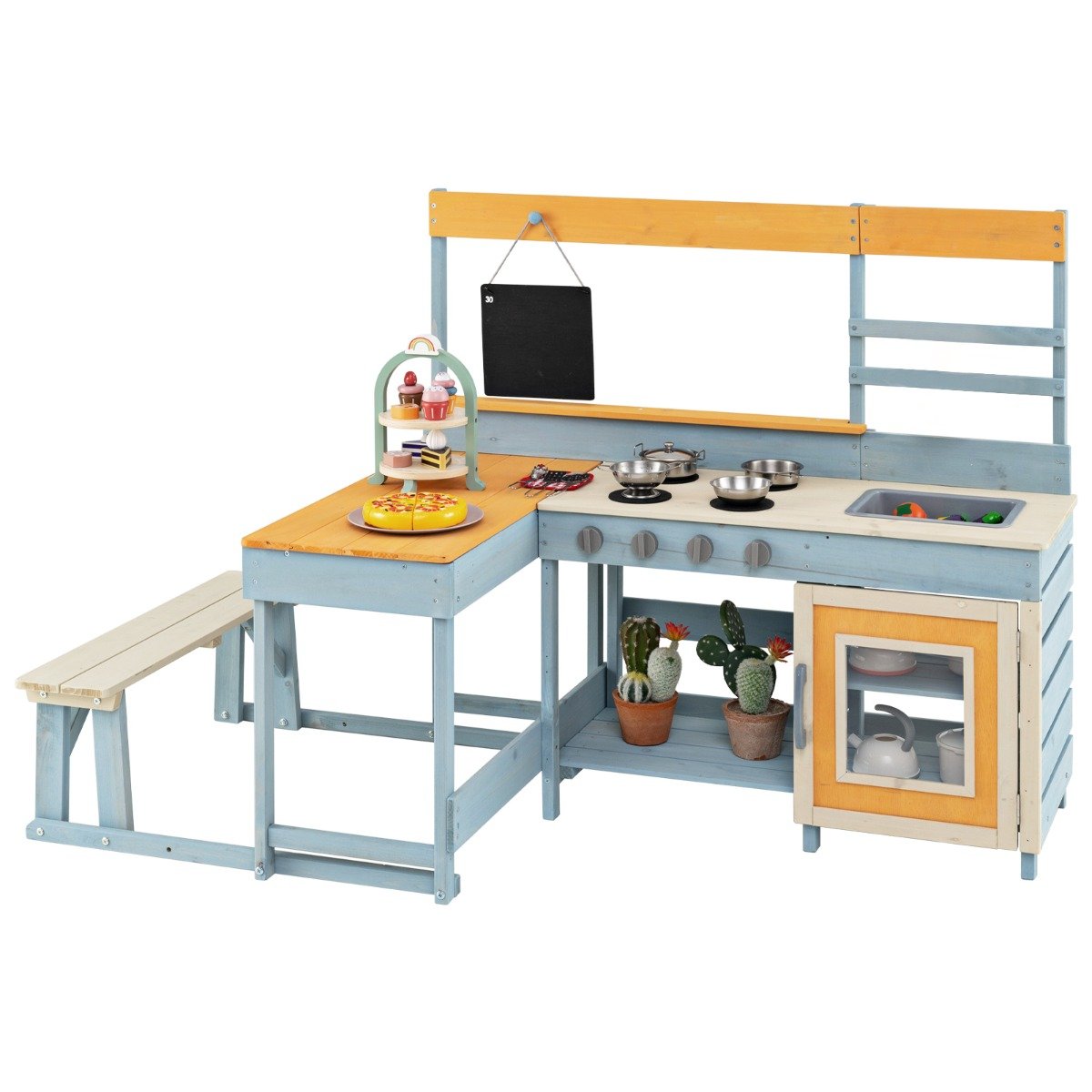 Fir Wood Mud Kitchen with Kids Picnic Table Play Kitchen-Grey