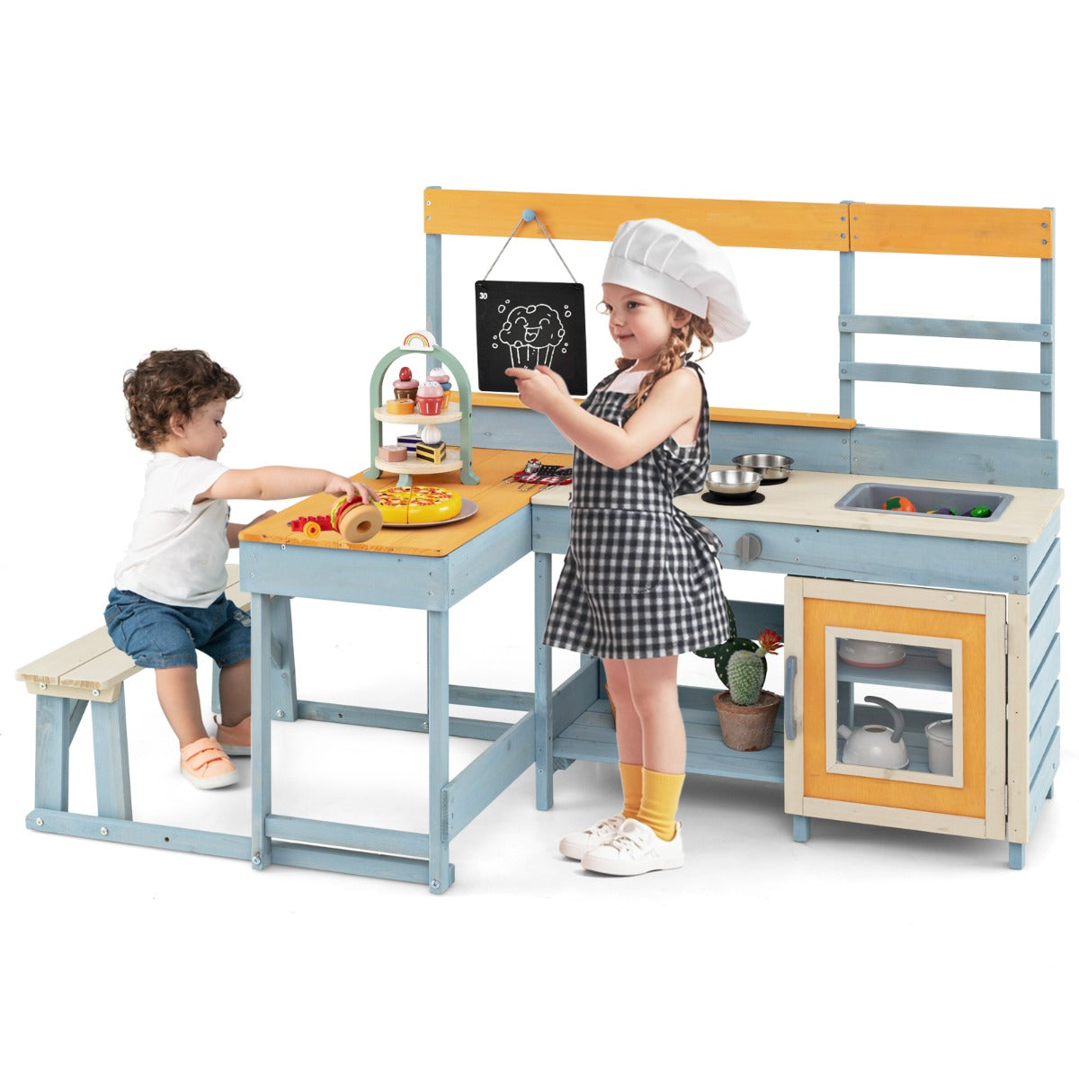 Fir Wood Mud Kitchen with Kids Picnic Table Play Kitchen-Grey