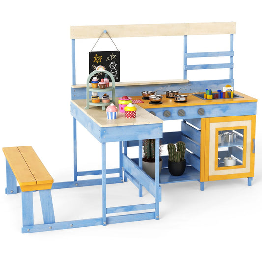 Fir Wood Mud Kitchen with Kids Picnic Table Play Kitchen-Blue