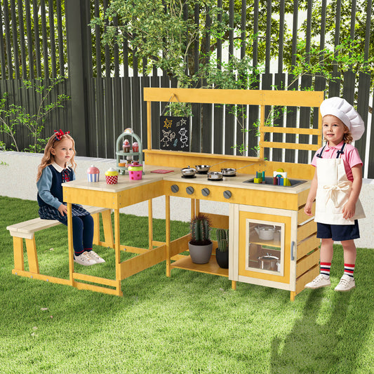 Fir Wood Mud Kitchen with Kids Picnic Table Play Kitchen-Natural