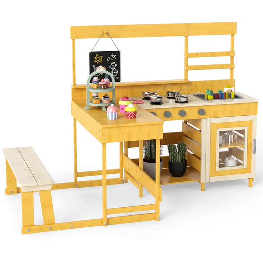 Fir Wood Mud Kitchen with Kids Picnic Table Play Kitchen-Natural