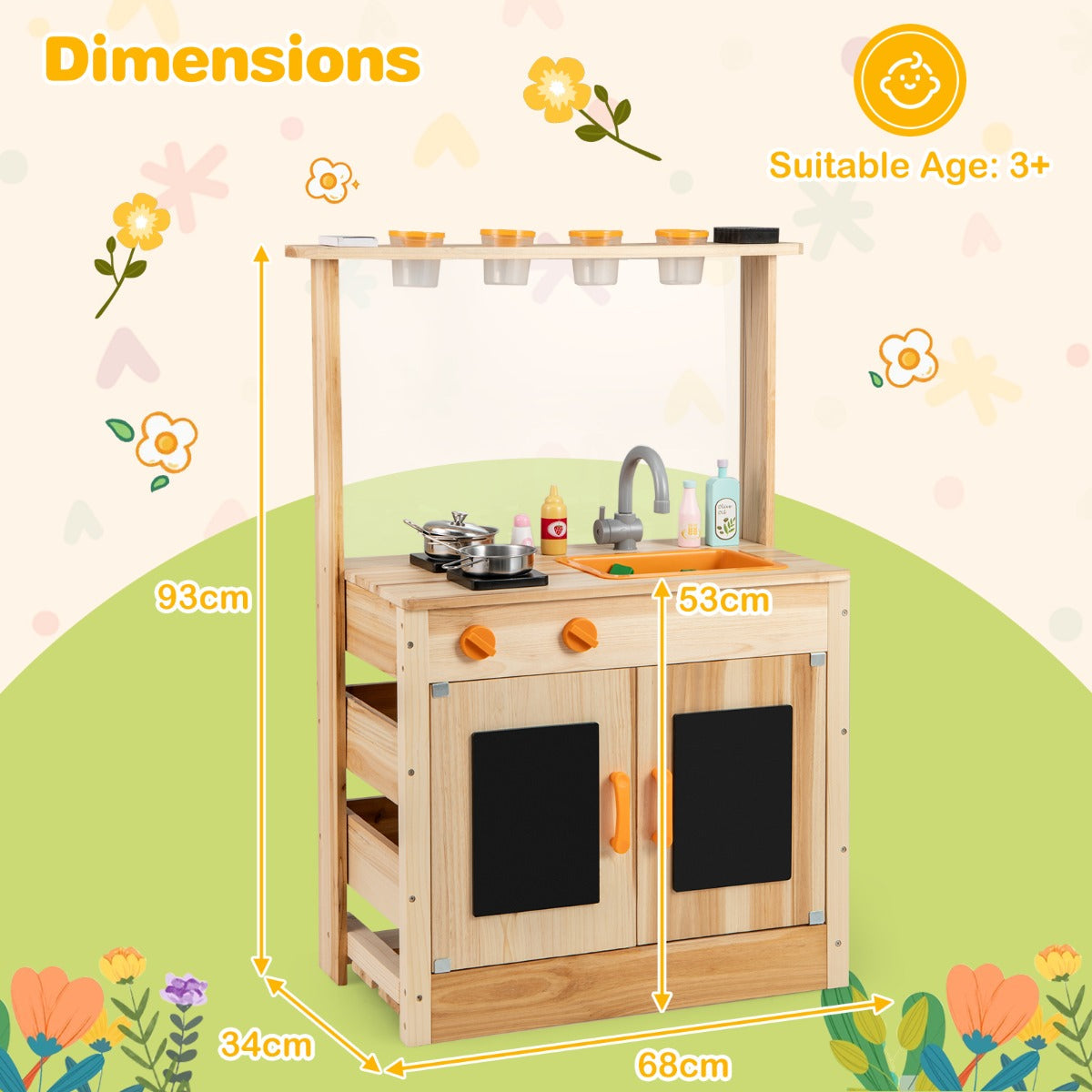 Fir Wood Play Kitchen with Planting Pots and Removable Sink for Backyard Garden-Natural