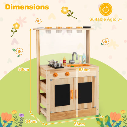 Fir Wood Play Kitchen with Planting Pots and Removable Sink for Backyard Garden-Natural