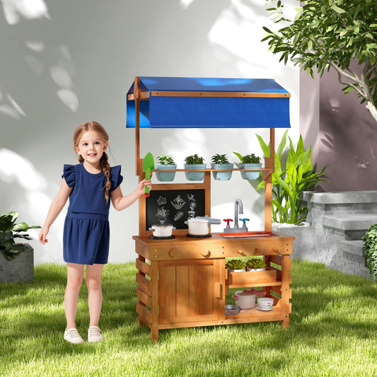 Fir Wood Play Kitchen with Adjustable Canopy and Sink-Natural