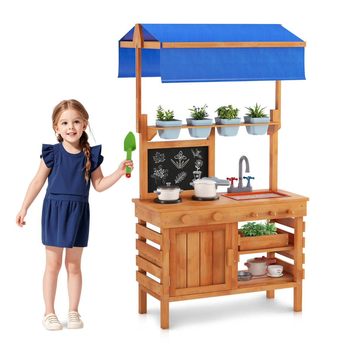 Fir Wood Play Kitchen with Adjustable Canopy and Sink-Natural