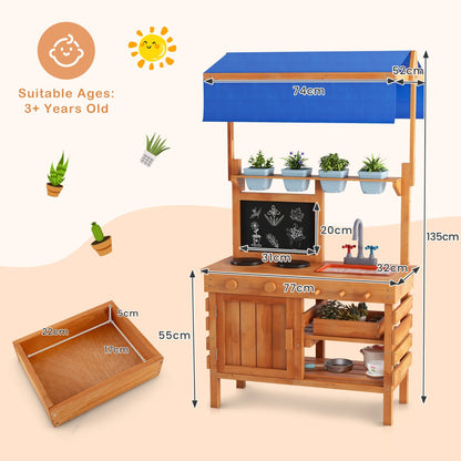 Fir Wood Play Kitchen with Adjustable Canopy and Sink-Natural