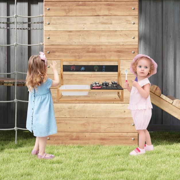 Fir Wood Pretend Play Kitchen with Hanging Hooks and Blackboard-Natural